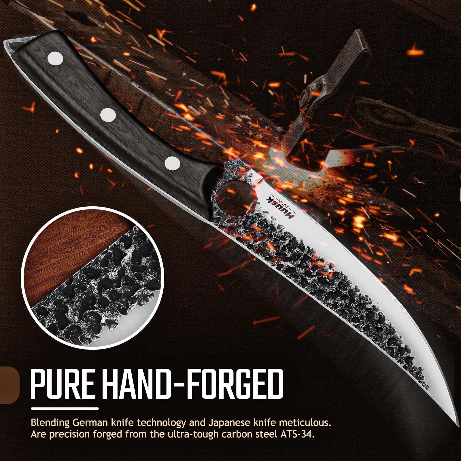 Huusk full-tang ebony handle knife for balanced, controlled cuts.