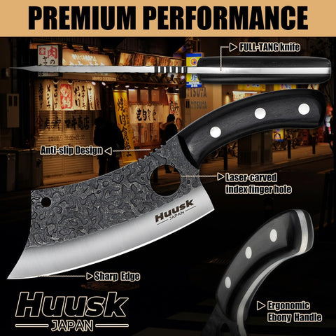 Huusk full tang ebony handle provides stable, fatigue-free cutting.