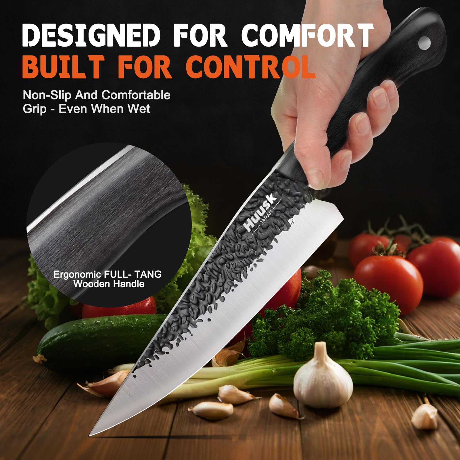 Huusk hammered texture on blade aids food release and adds tactile elegance.
