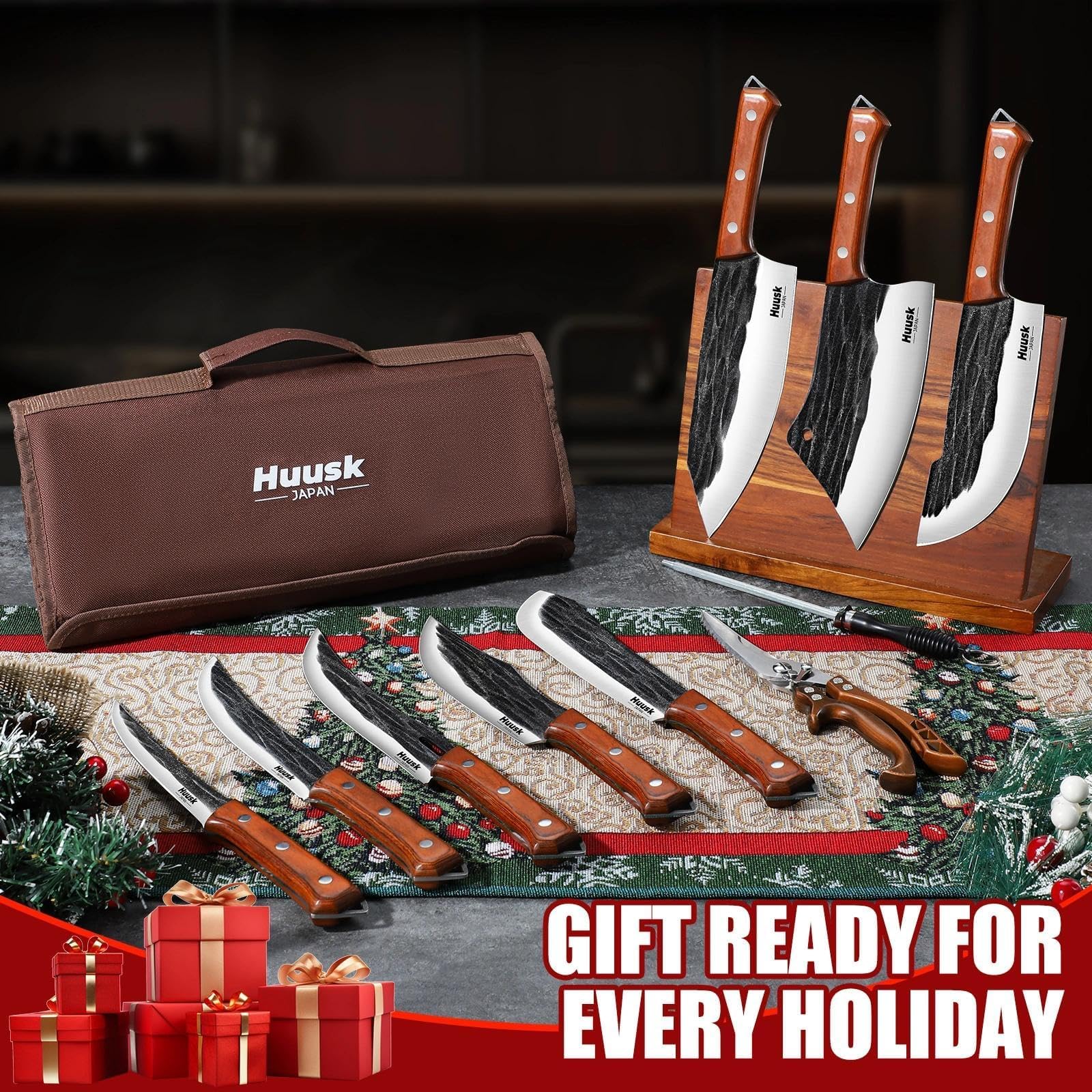 Huusk hand-forged high-carbon steel blades with hammered finish for sharp, lasting cuts.