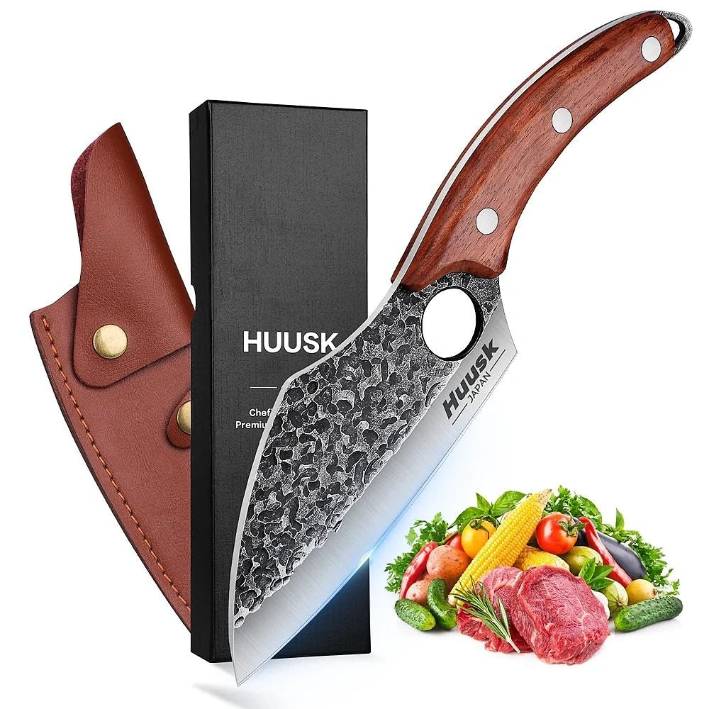 Huusk hand forged meat cleaver blade close-up showing sharp edge for clean cuts