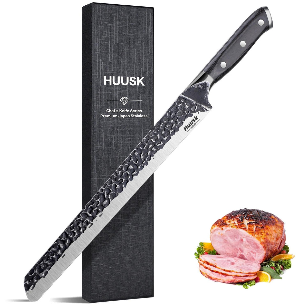 Huusk Japan 11.5 inch blade closeup for precise meat carving.