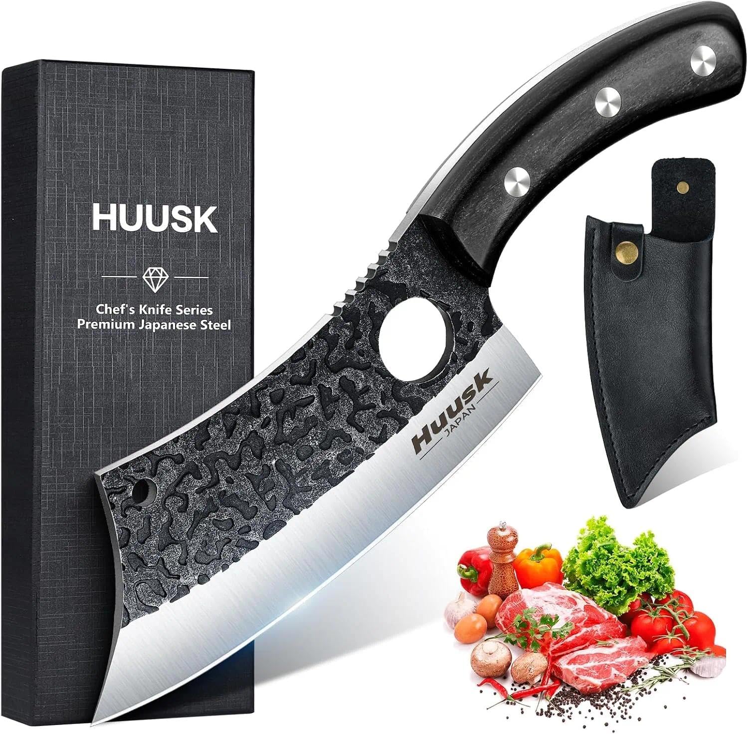 Huusk Japan meat cleaver with curved blade for smooth rocking cuts.