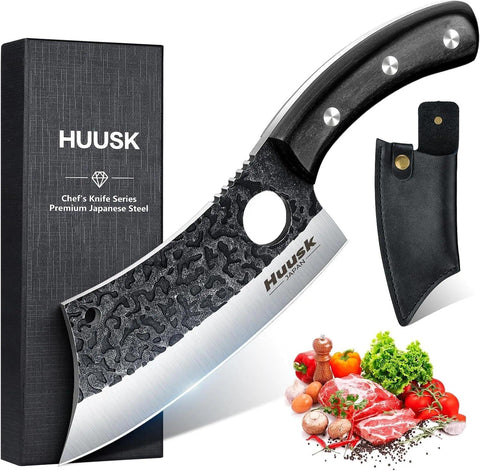 Huusk Japan meat cleaver with curved blade for smooth rocking cuts.