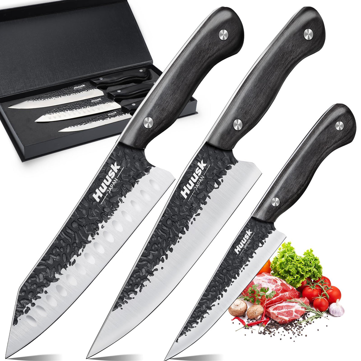 Huusk knife set blade close-up highlighting precision forged ATS-34 steel for sharp, durable cuts.