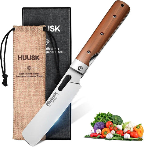 Huusk Japanese folding Nakiri knife blade close-up shows 440C stainless steel sharpness for precise chopping.