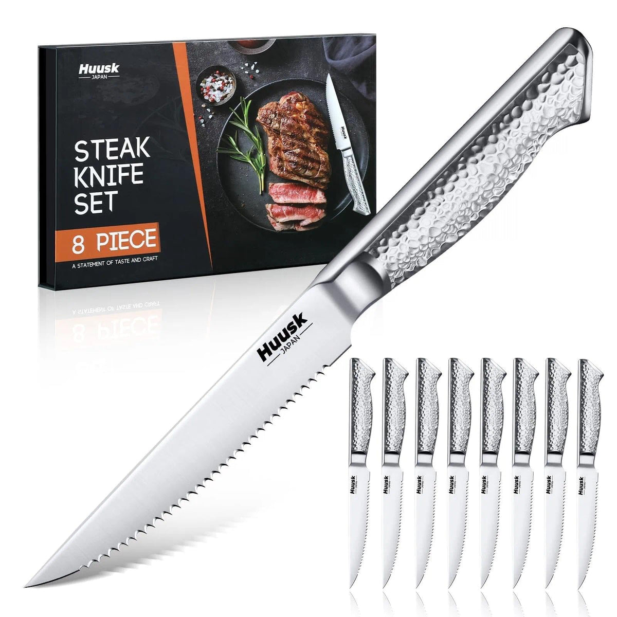 Huusk 8-piece steak knives full view for elevated dining and easy hosting.