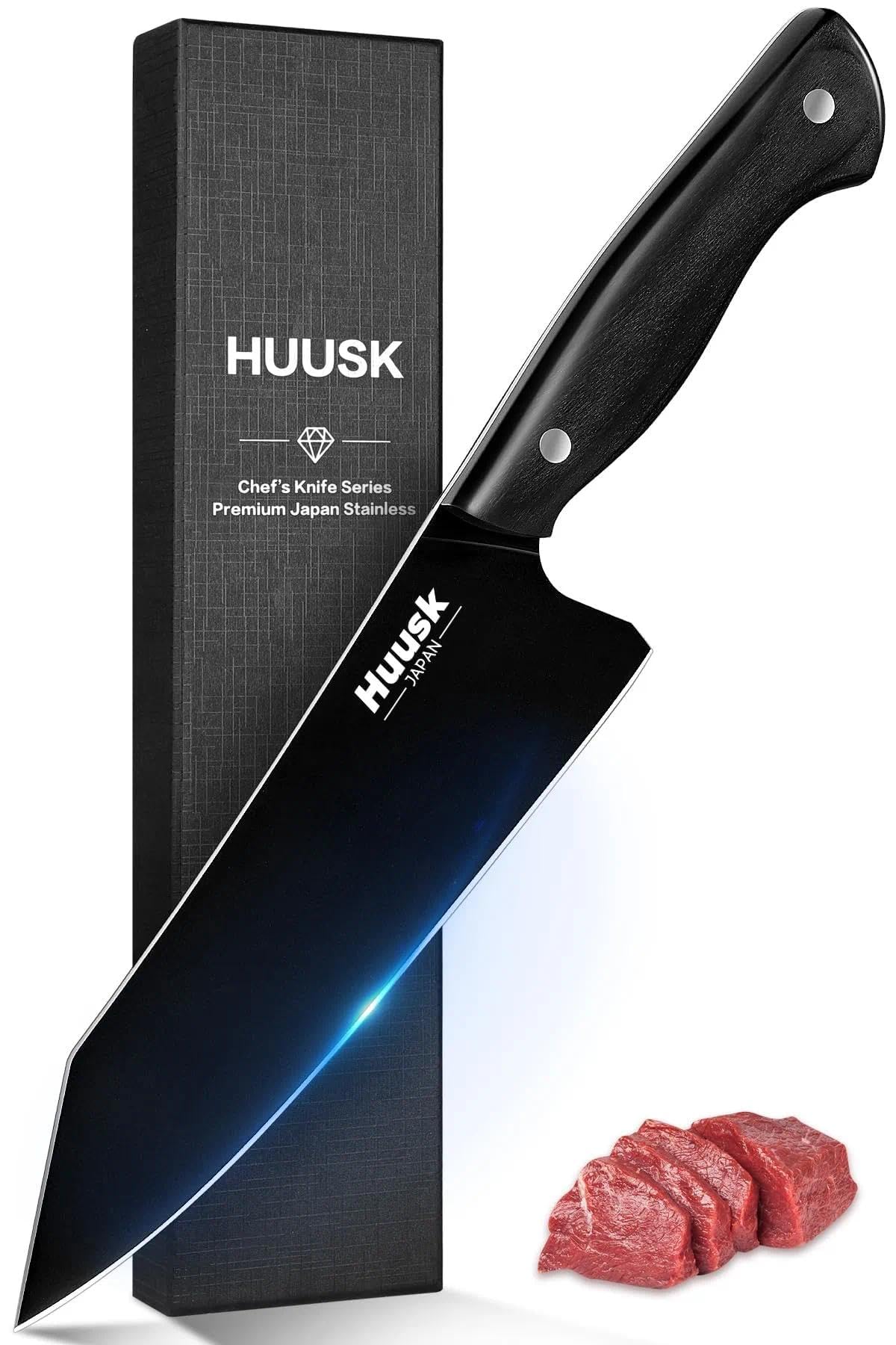 Huusk Kirisuke knife blade close-up with black coating for smooth slicing.