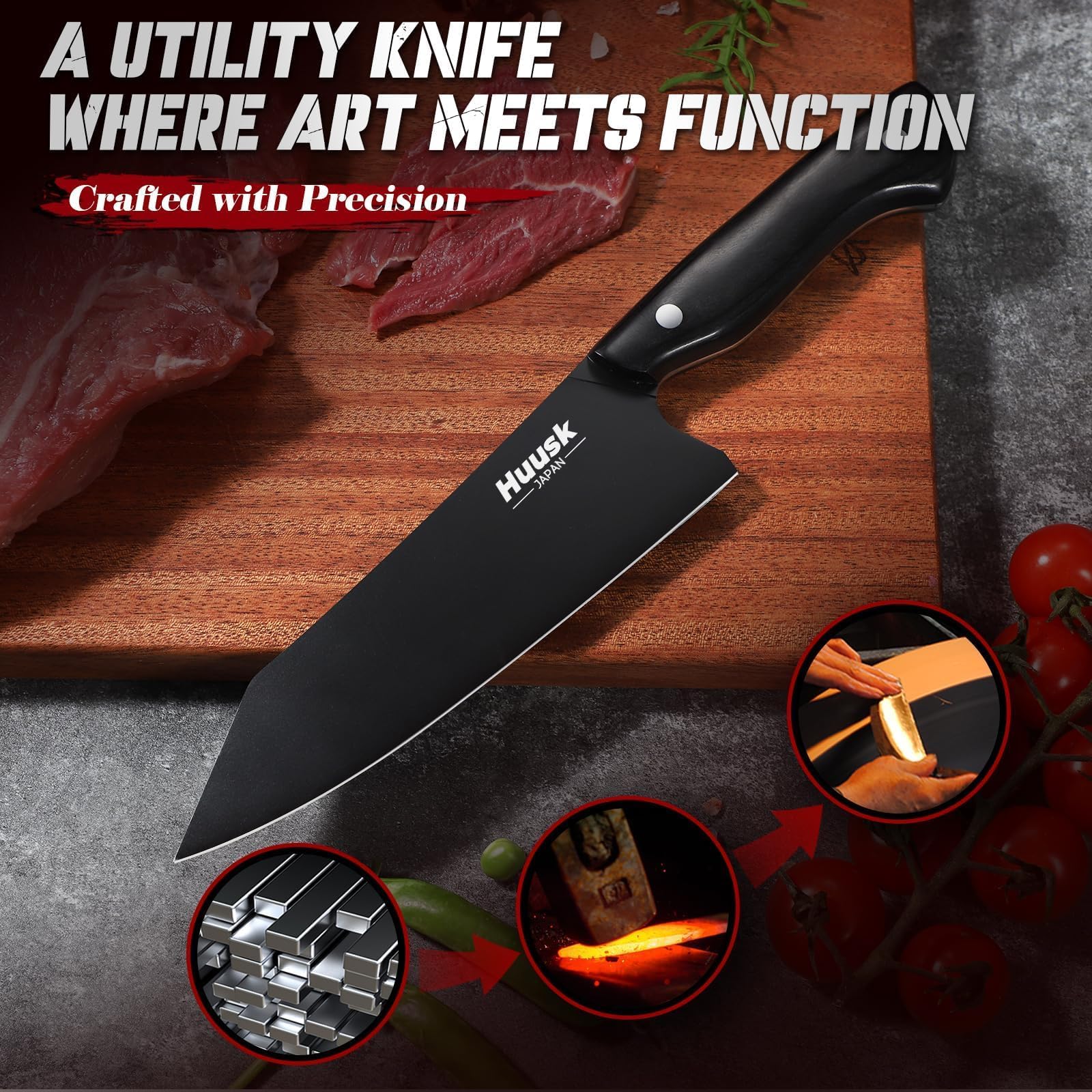 Huusk Kirisuke knife handle ergonomic grip in hand for balanced cutting.