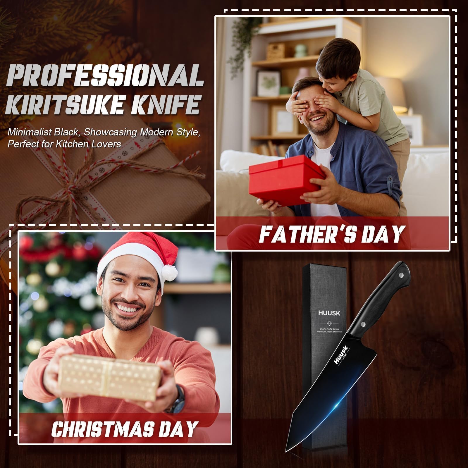 Kitchen scene with Huusk Kirisuke knife chopping vegetables and meat.