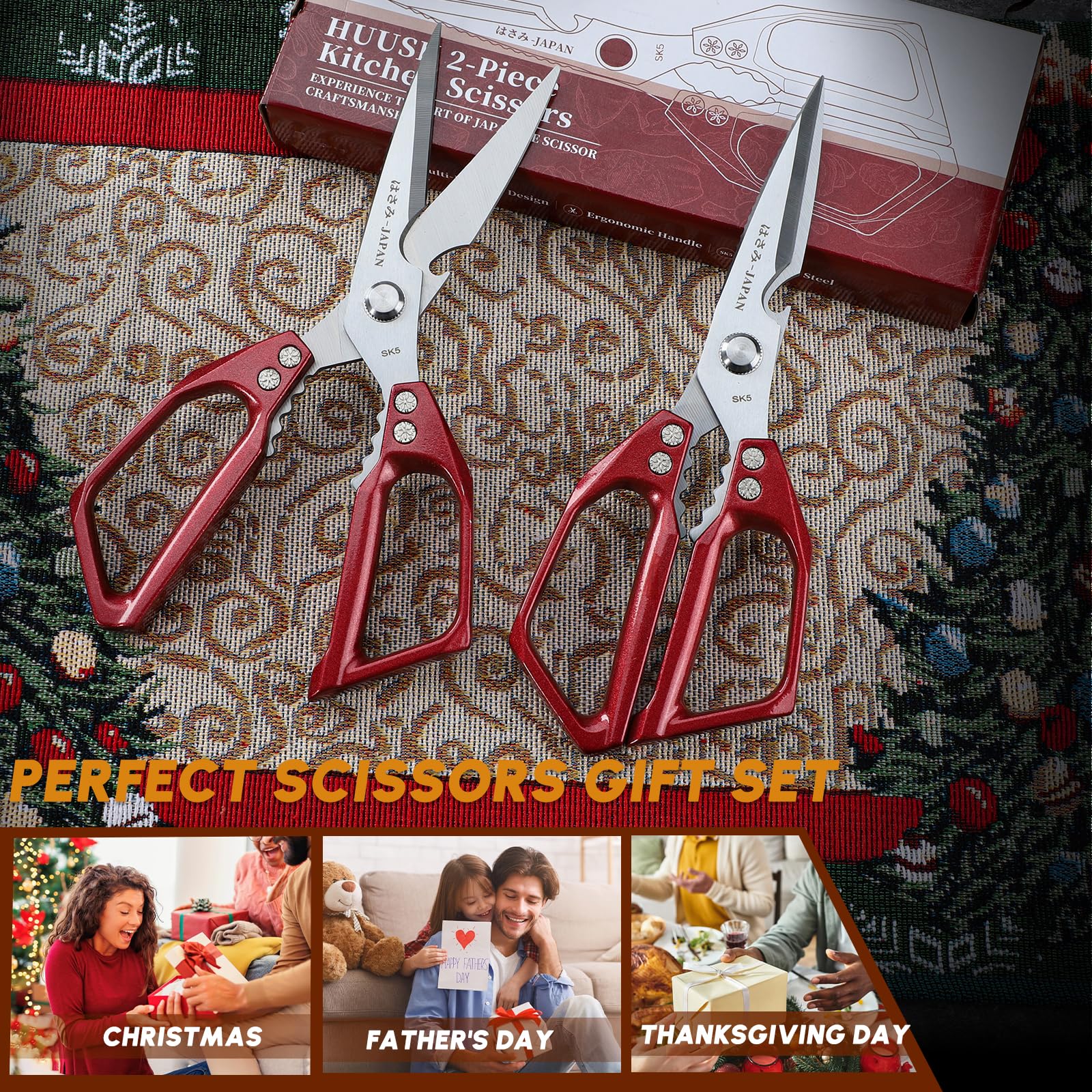 Huusk kitchen scissors red gift-ready packaging for holiday gifting.