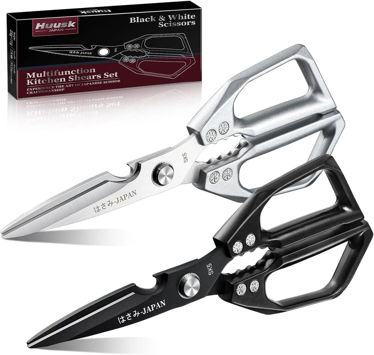 Huusk kitchen shears set with silver and black handles for versatile cooking.