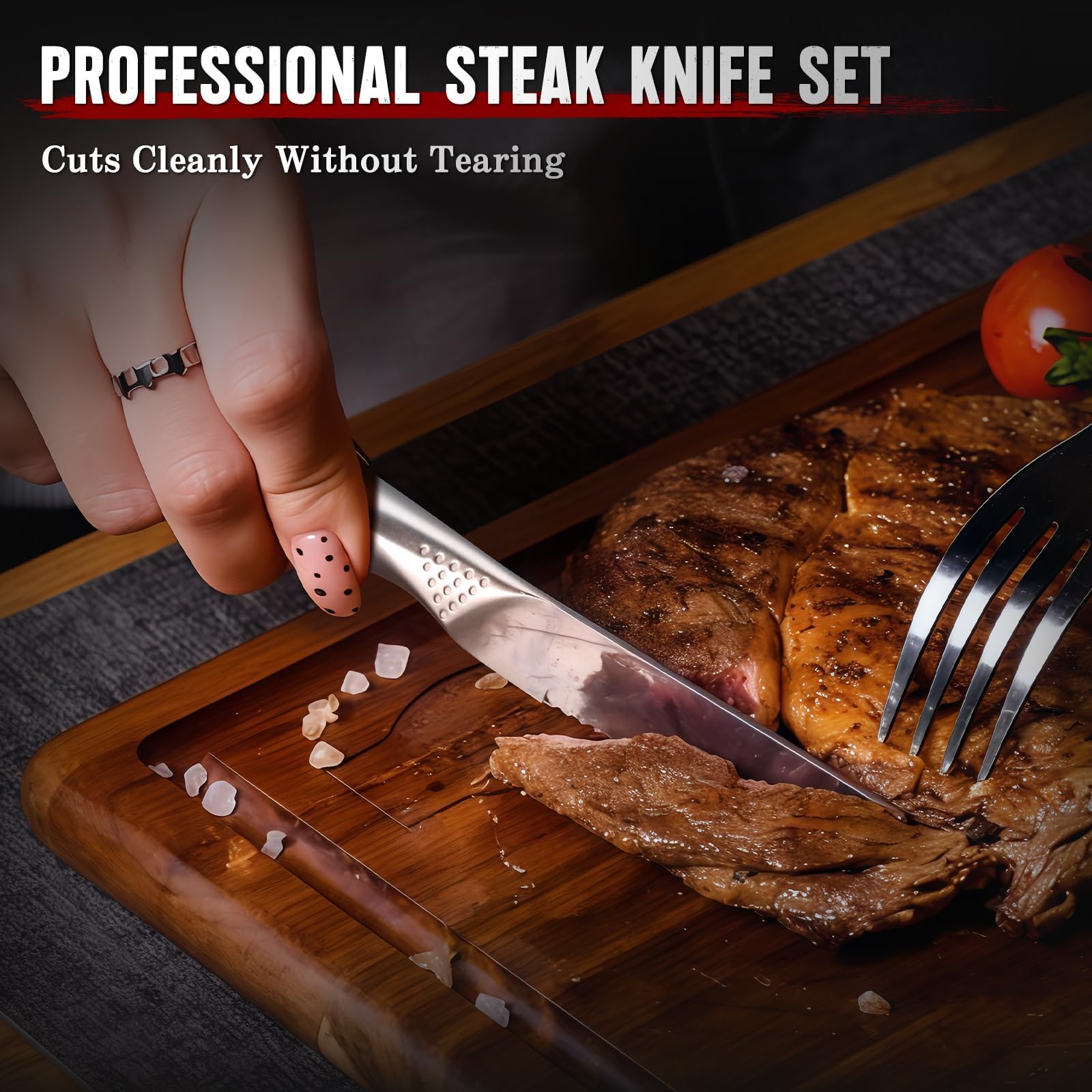 Huusk knife edges at 15-degree angle for sharp, clean slicing.