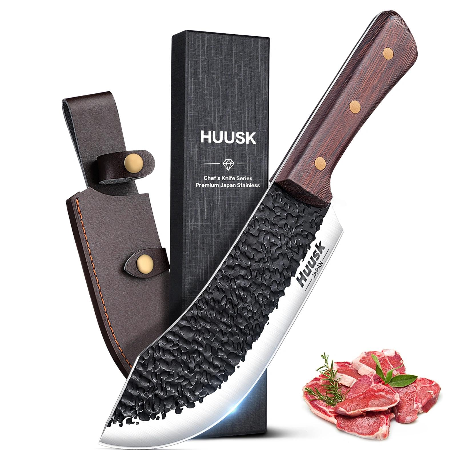 Huusk meat cleaver 7-inch blade close-up showing precise cutting edge.