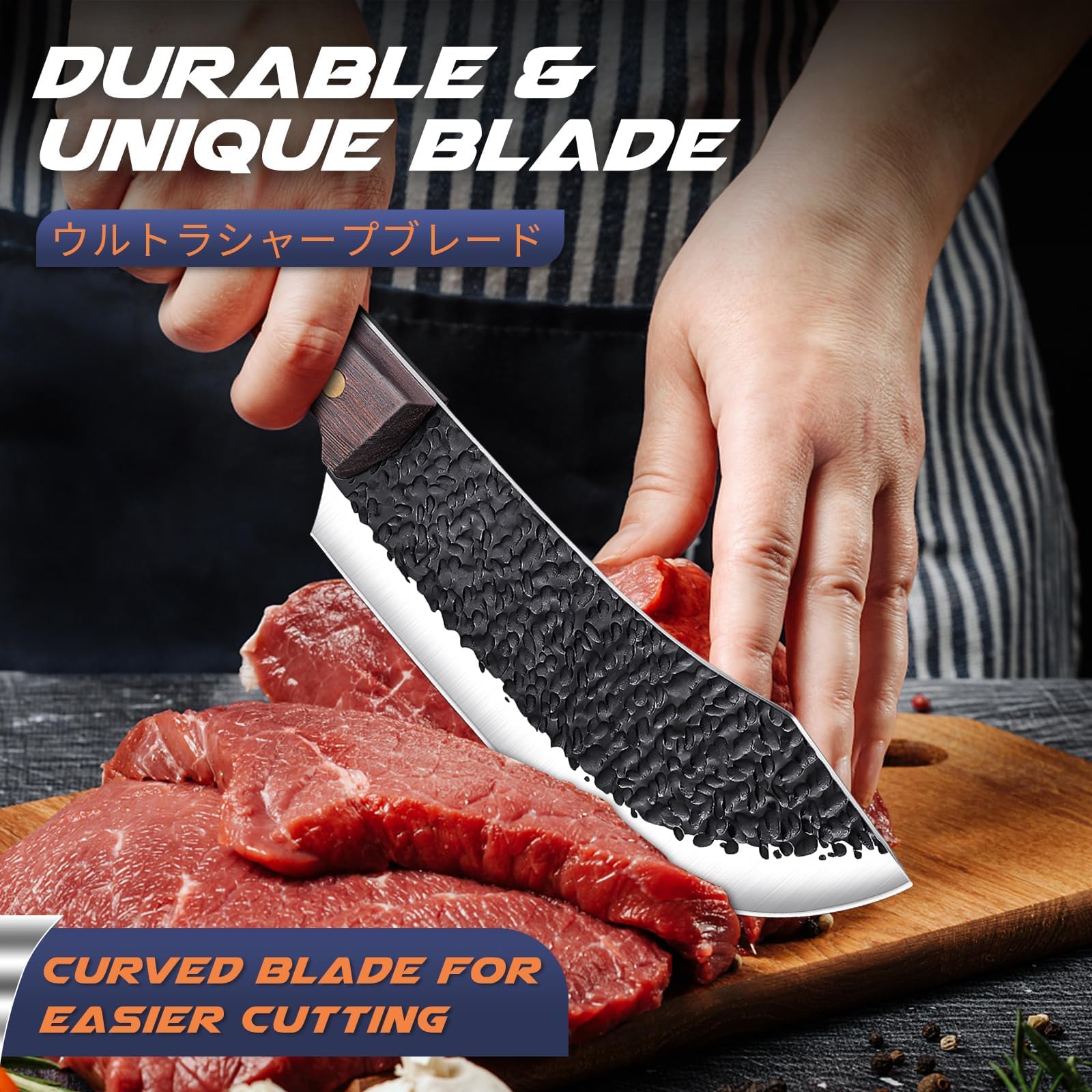 Huusk meat cleaver ergonomic handle shown for comfortable, fatigue-free chopping.