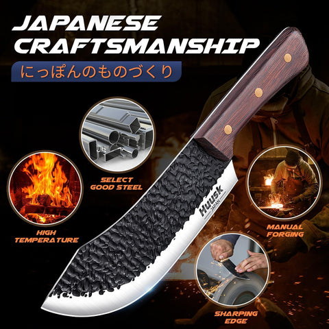 Huusk hand-forged steel blade highlights strength and durability in kitchen tasks.