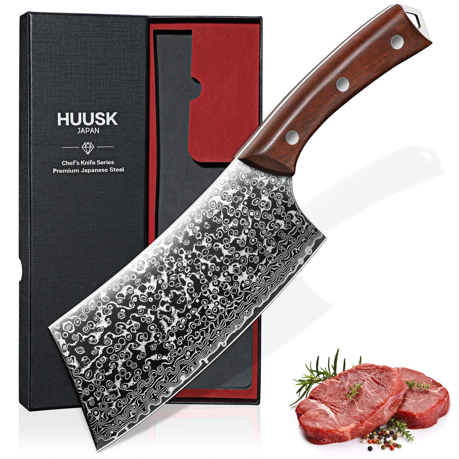 Huusk meat cleaver knife with Damascus pattern blade for precise cuts