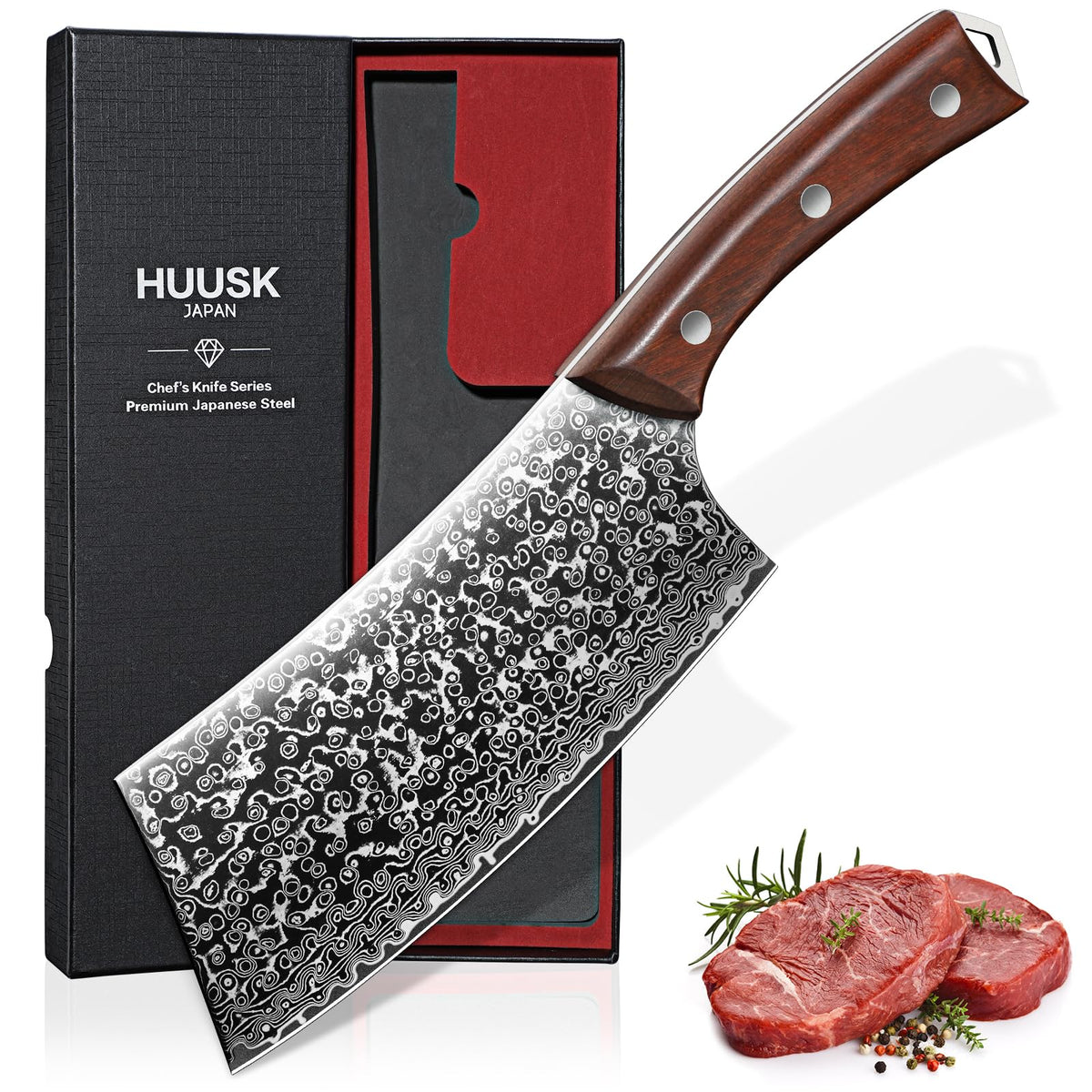 Huusk meat cleaver knife with Damascus pattern blade for precise cuts