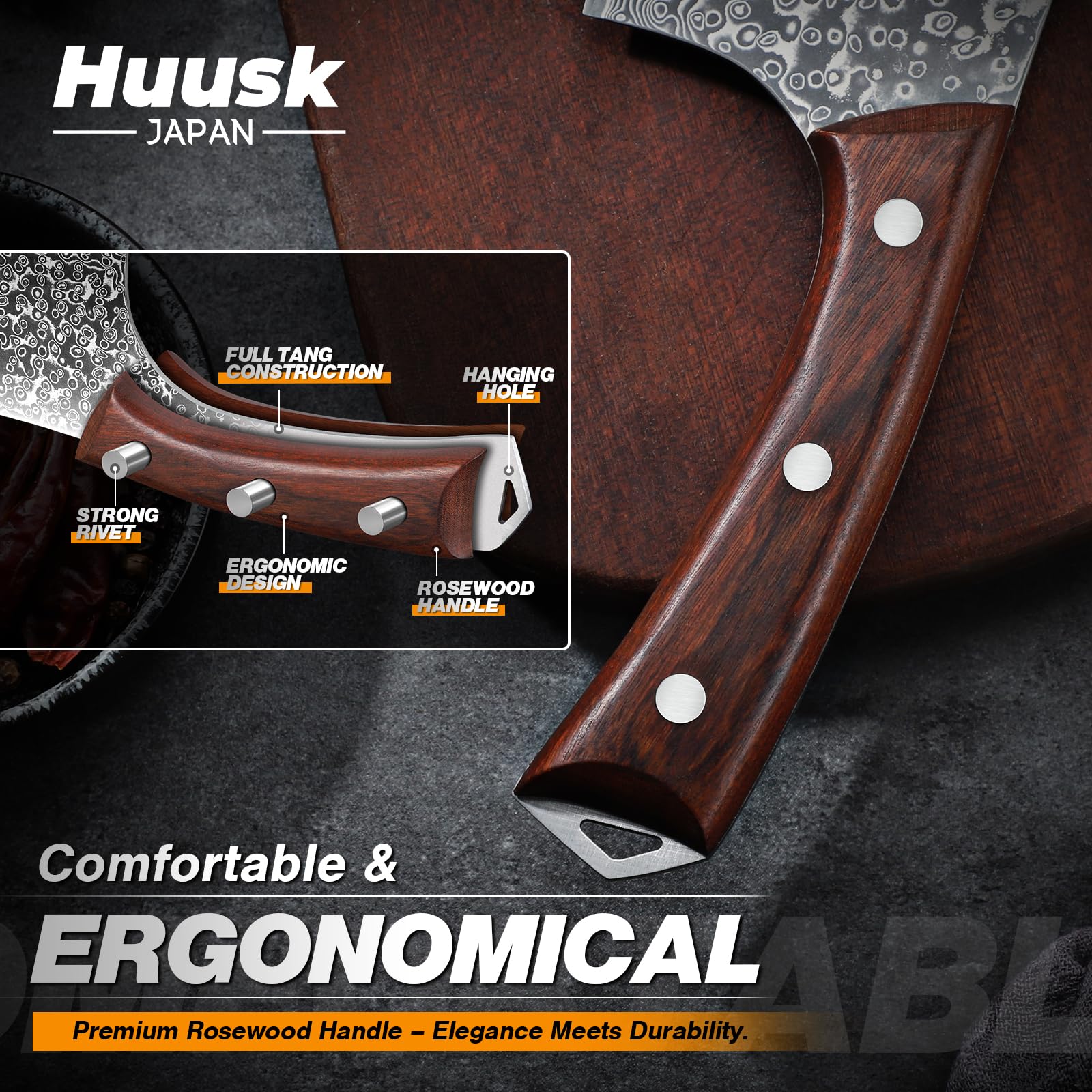 Huusk knife with ergonomic, non-slip grip ready for extended prep sessions