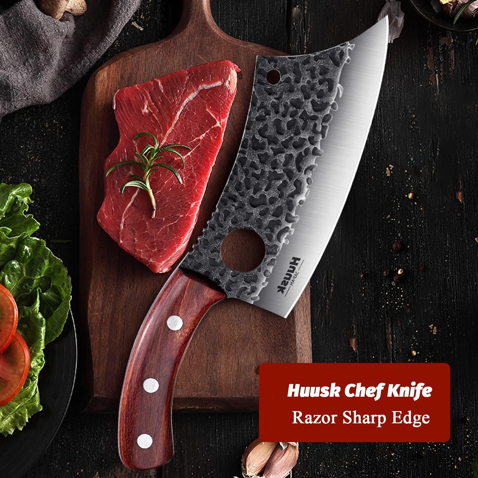Huusk meat cleaver in action slicing vegetables and meat