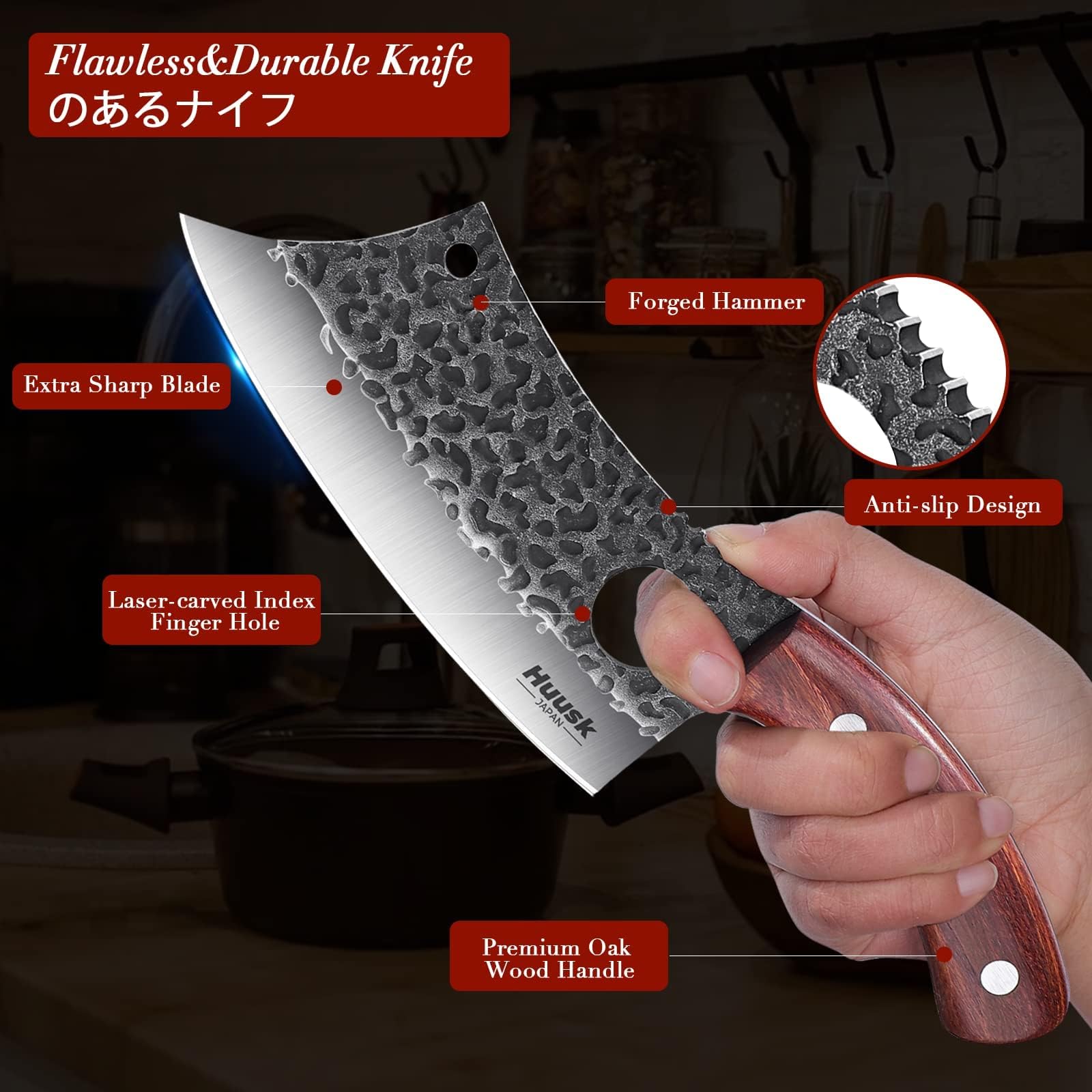 Huusk cleaver knife wooden handle and sturdy design for durable use