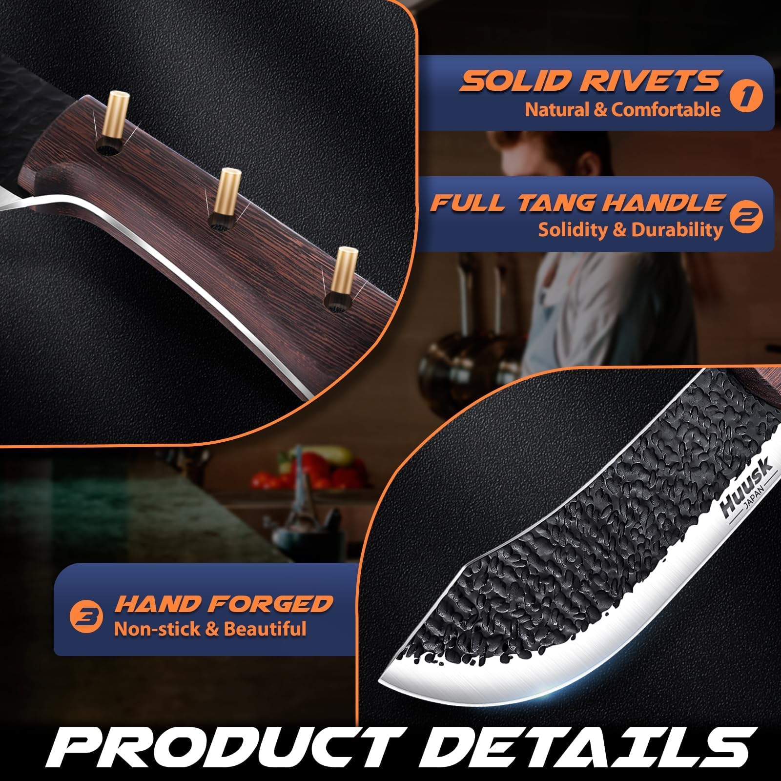 Huusk multi-purpose cutting action demonstrates versatile slicing and chopping.