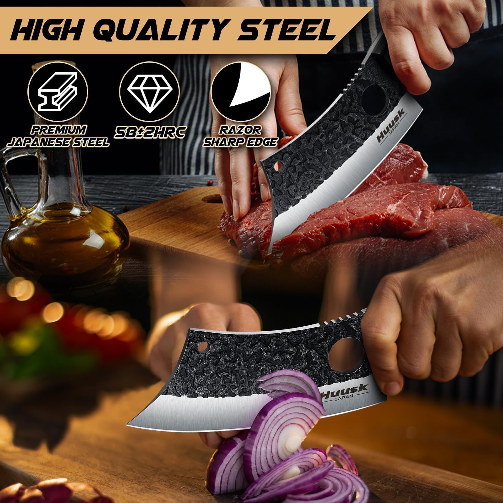 Huusk meat cleaver with sheath for safe storage and transport.