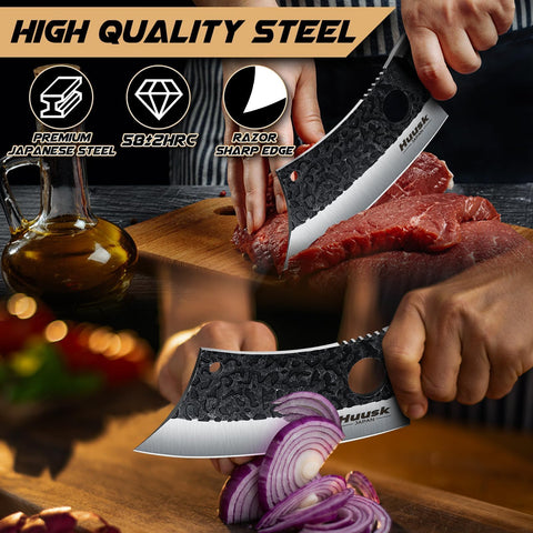 Huusk meat cleaver with sheath for safe storage and transport.