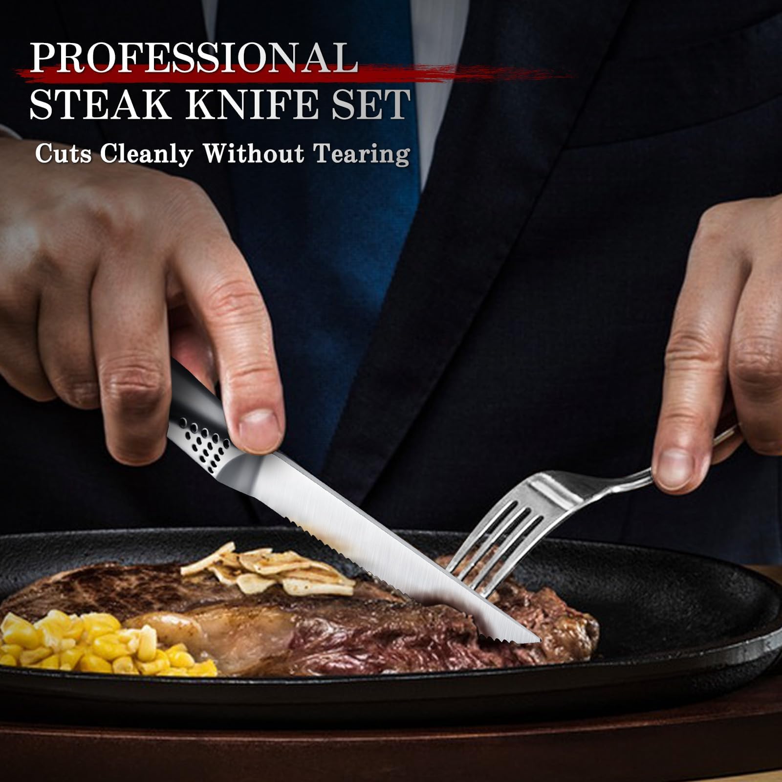 Prime rib slicing with Huusk serrated knives for effortless cuts.