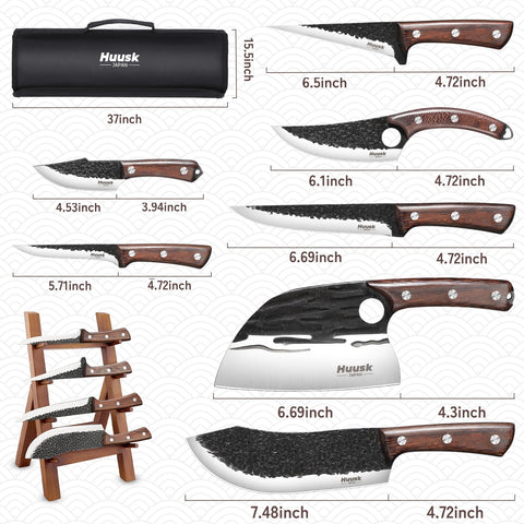 Roll bag setup for Huusk knives, ideal for camping and BBQ outings.