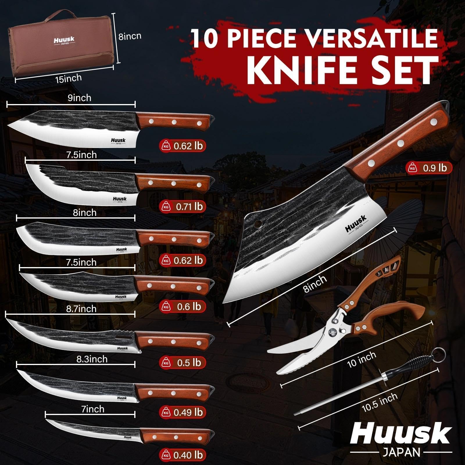 Huusk roll bag open with knives, ready for on-the-go cooking.