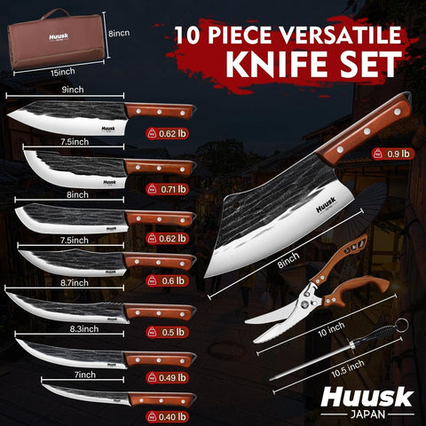 Huusk roll bag open with knives, ready for on-the-go cooking.