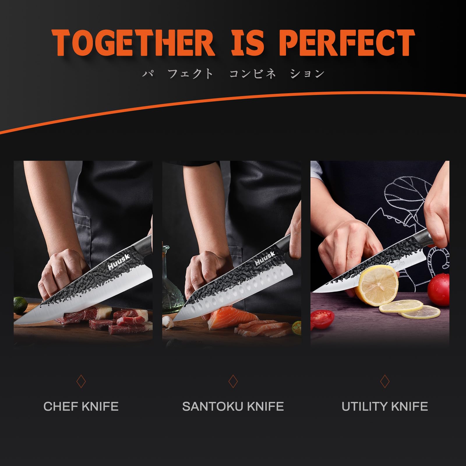 Huusk Santoku knife flat edge with hollow dimples for smooth food release.