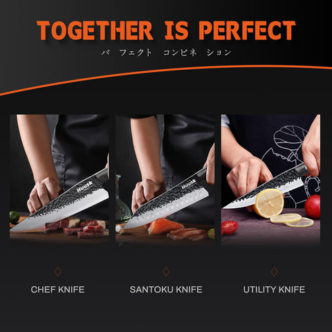 Huusk Santoku knife flat edge with hollow dimples for smooth food release.