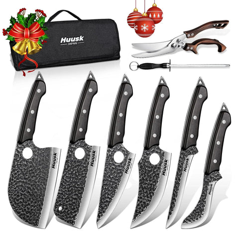 Huusk Serbian knife set 6pc laid out for organized kitchen prep