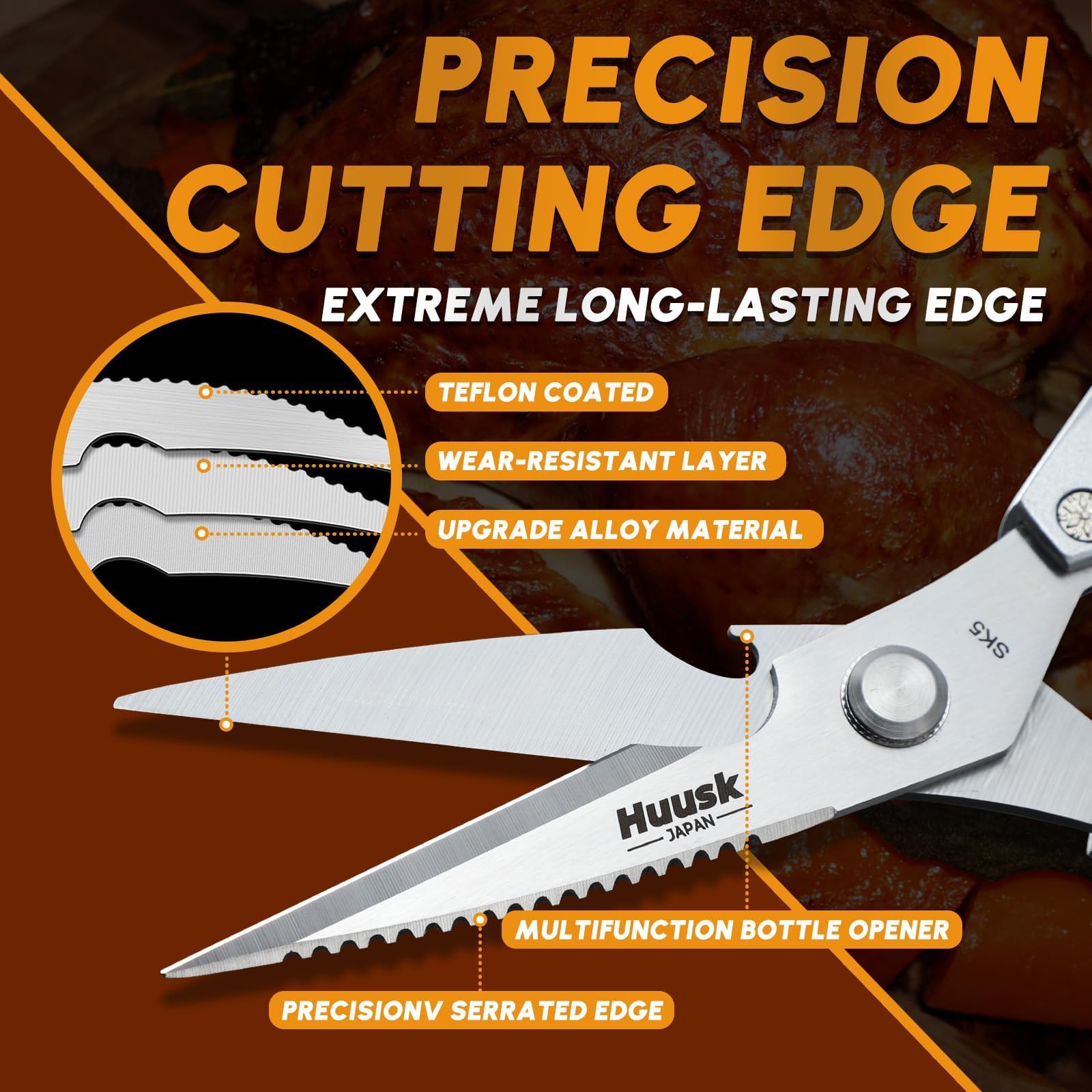 Huusk serrated peeler blade close-up highlighting sharp edges for soft and hard produce.