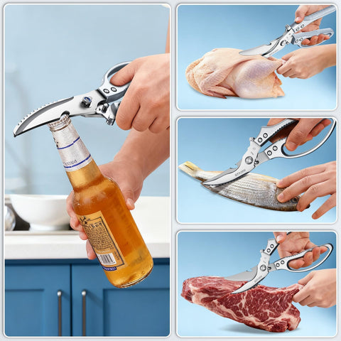 Huusk dual-function scissors showing ergonomic handles with built-in nutcracker and bottle opener