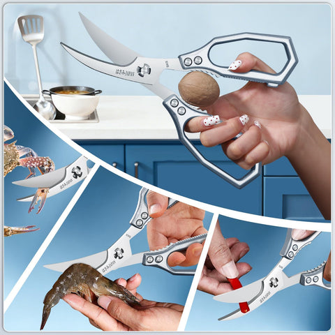 Huusk kitchen scissors cutting shrimp shells with curved blades for efficient prep