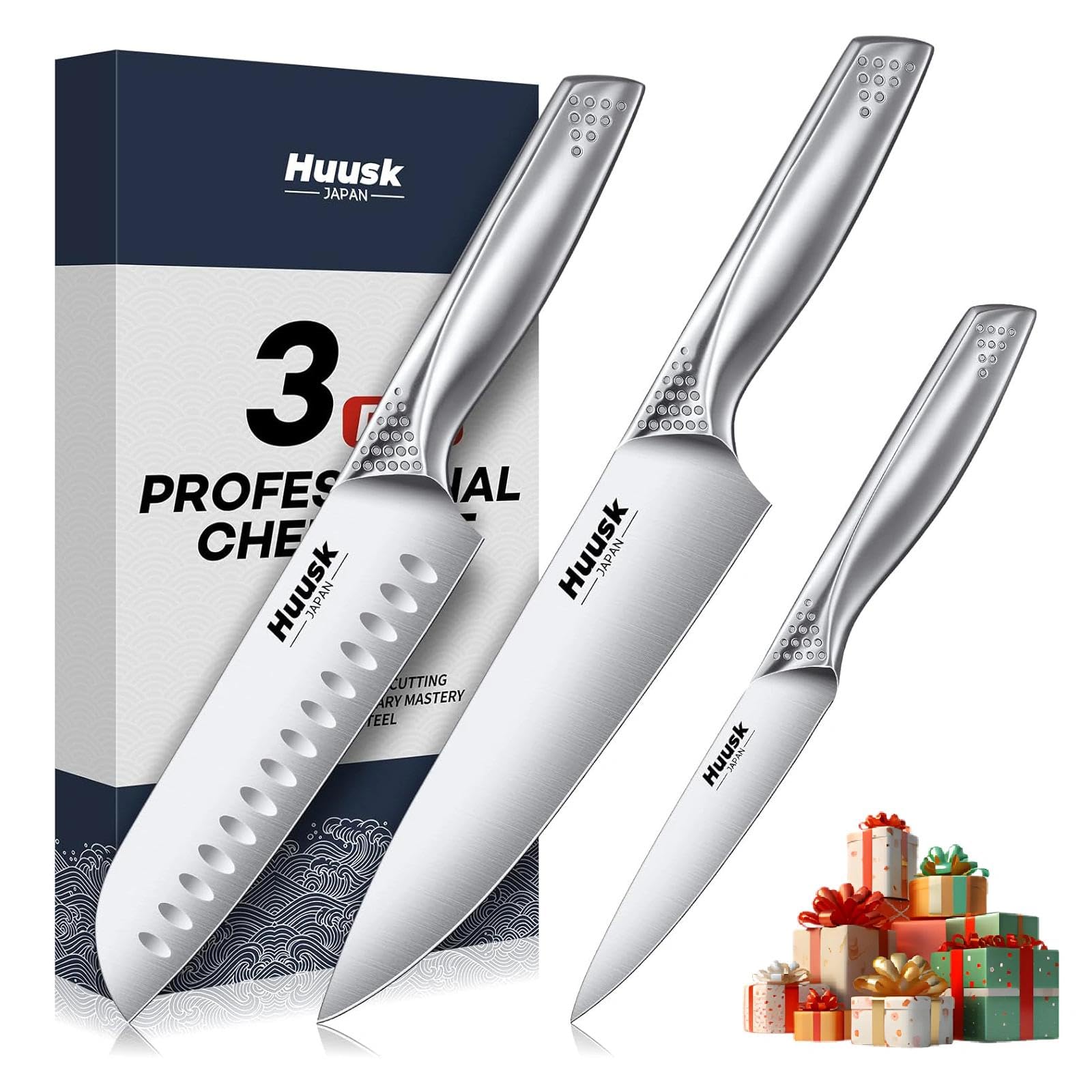 Huusk three-piece knife set on a wooden board for versatile meal prep