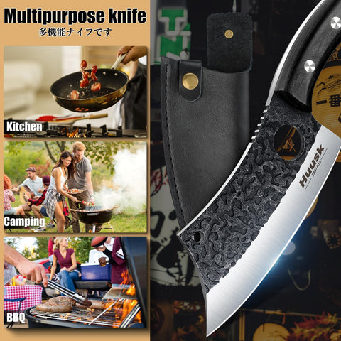 Huusk versatile knife handles meat, vegetables, and outdoor meals.