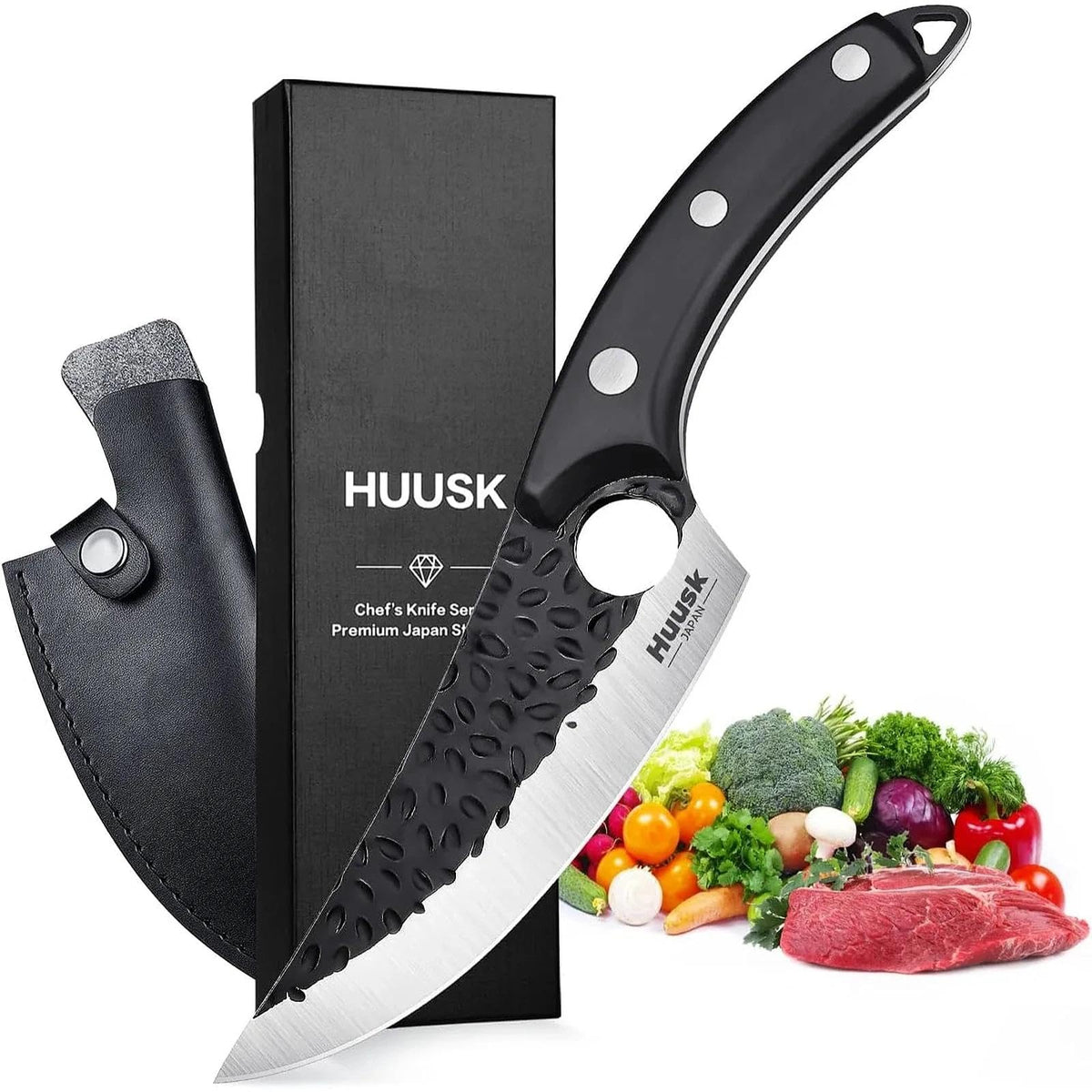 Huusk Viking Knife blade close-up shows ultra sharp edge for precise cuts.