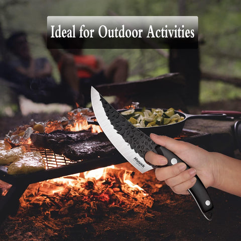 Huusk Viking Knife camping-ready design supports outdoor food prep.