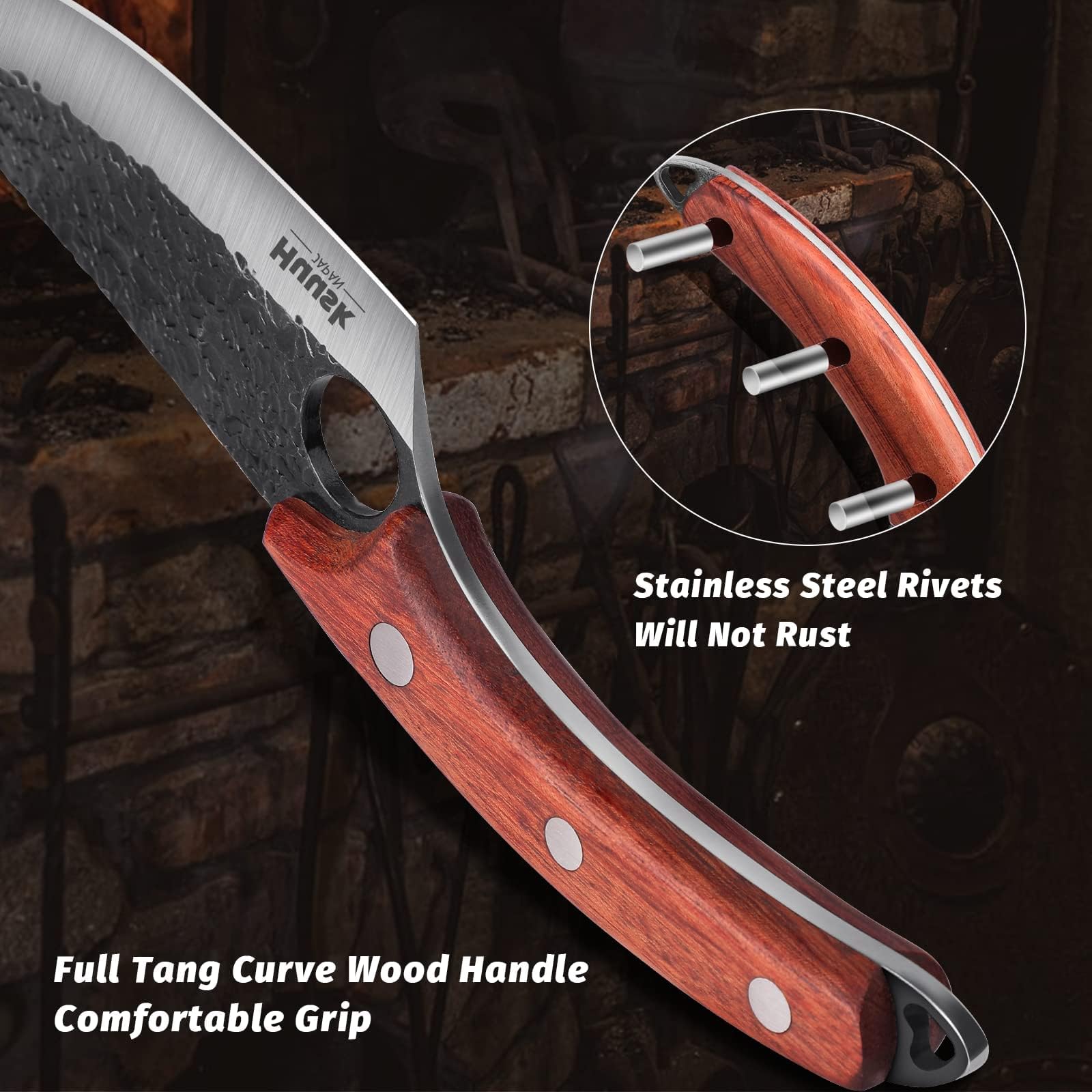Hammered texture on Huusk blade adds durability and rust resistance
