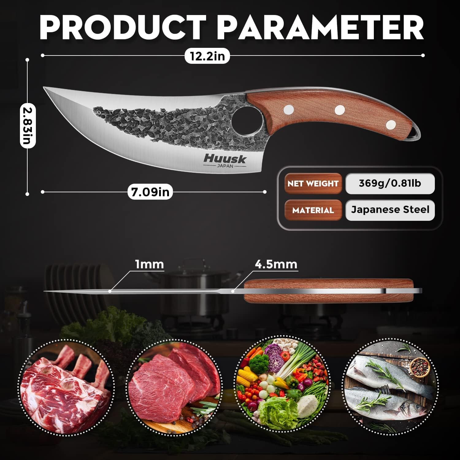 Huusk Viking Knife on cutting board for precise slicing