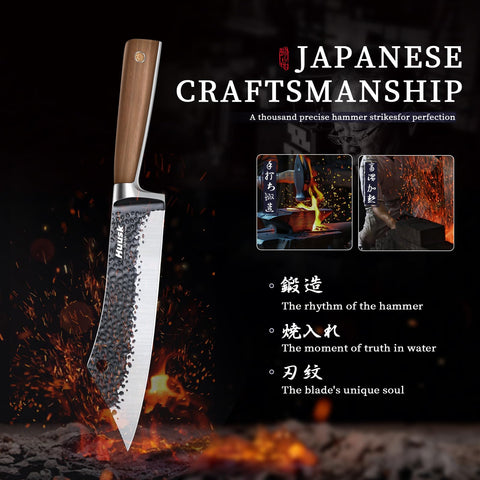 Huusk knife handle with wood grip and metal bolster for durability.