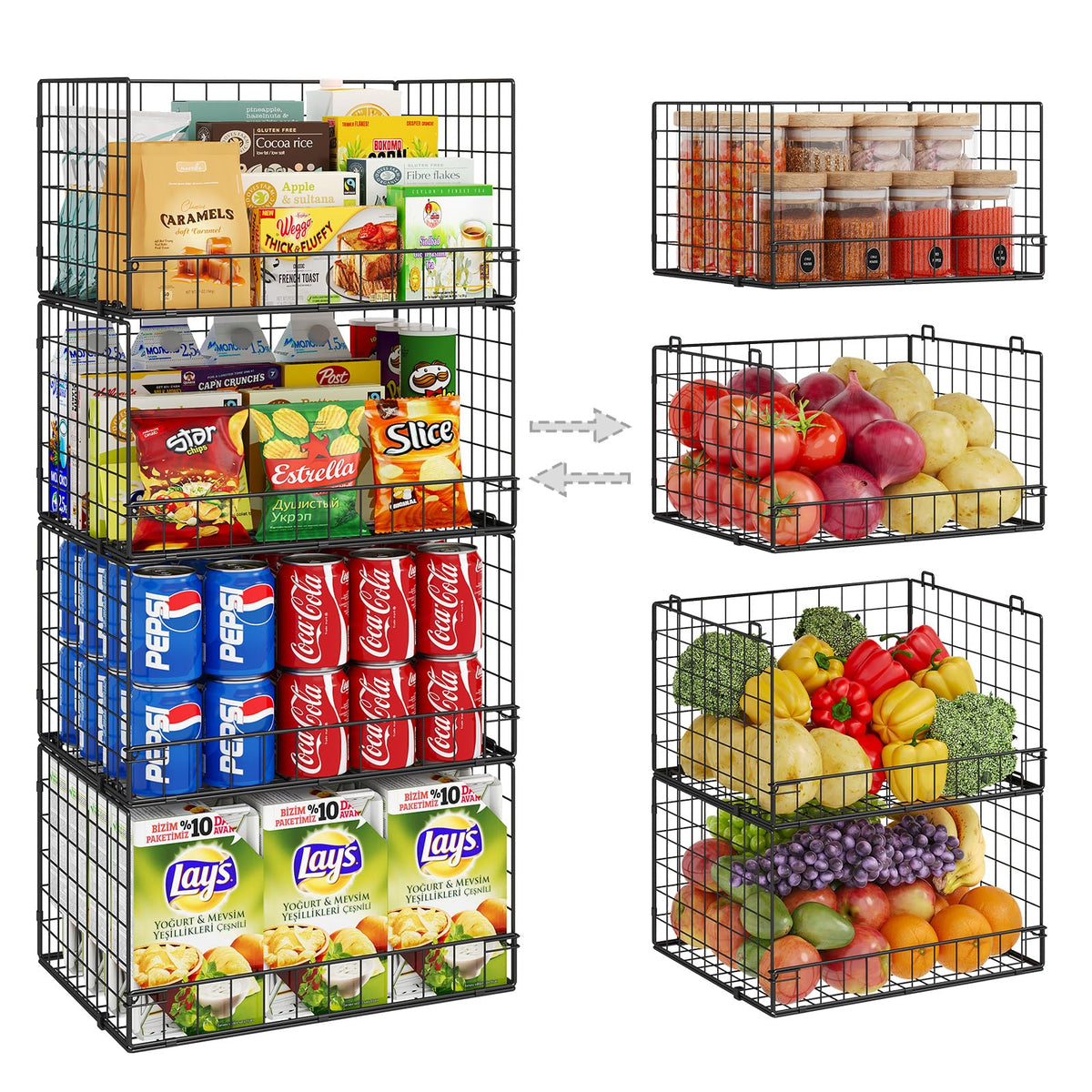 Huxitocan four-pack stackable wire baskets organize the pantry with clear visibility.