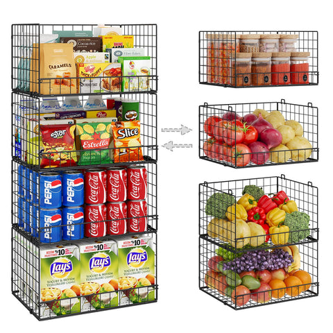 Huxitocan four-pack stackable wire baskets organize the pantry with clear visibility.