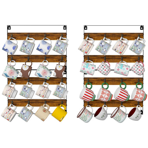 Huxitocan rustic wood mug rack on wall displaying 32 mugs.