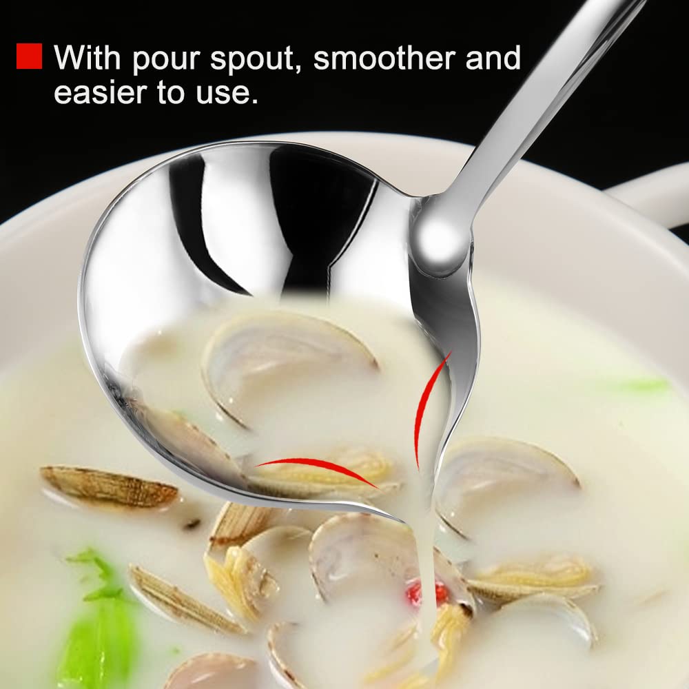 Ergonomic-handle Hvanam soup ladle in use