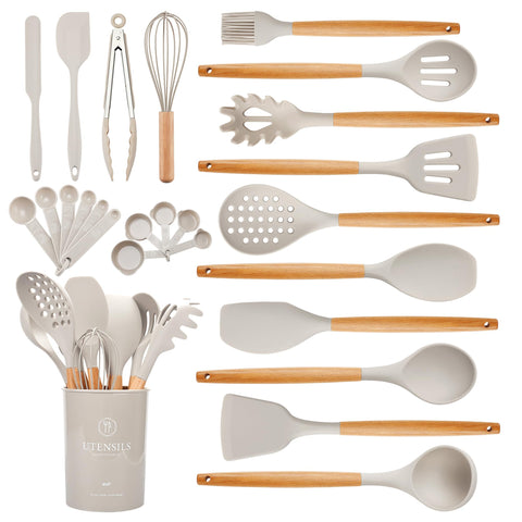 Hvygss 26pc kitchen utensils set with wooden handles for versatile, comfortable cooking.